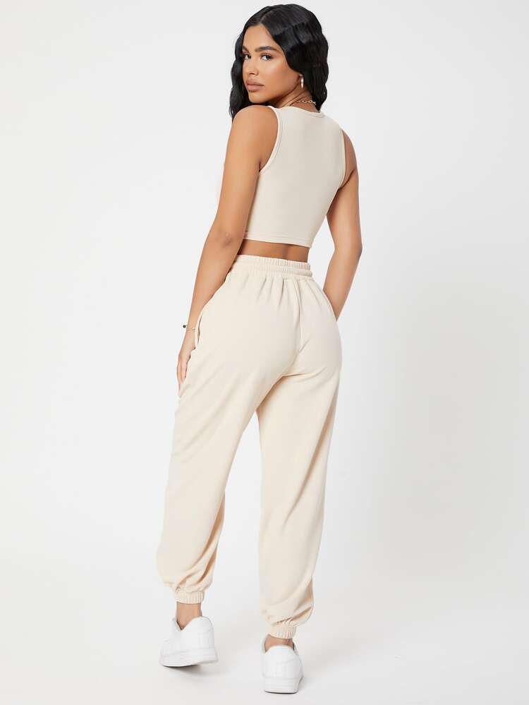 SHEIN PETITE Solid Crop Tank Top And Joggers Set | SHEIN