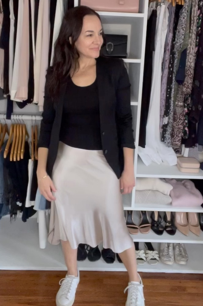 Easy fall outfit with my favorite silk midi skirt under $60. My blazer is old so I’ve linked 2 similar options on sale. Switch to a pair of ankle booties for a holiday party. 

#LTKFindsUnder100 #LTKWatchNow #LTKSaleAlert