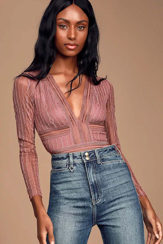 Casita Mauve Pink Sheer Lace Long Sleeve Bodysuit | Lulus (US)