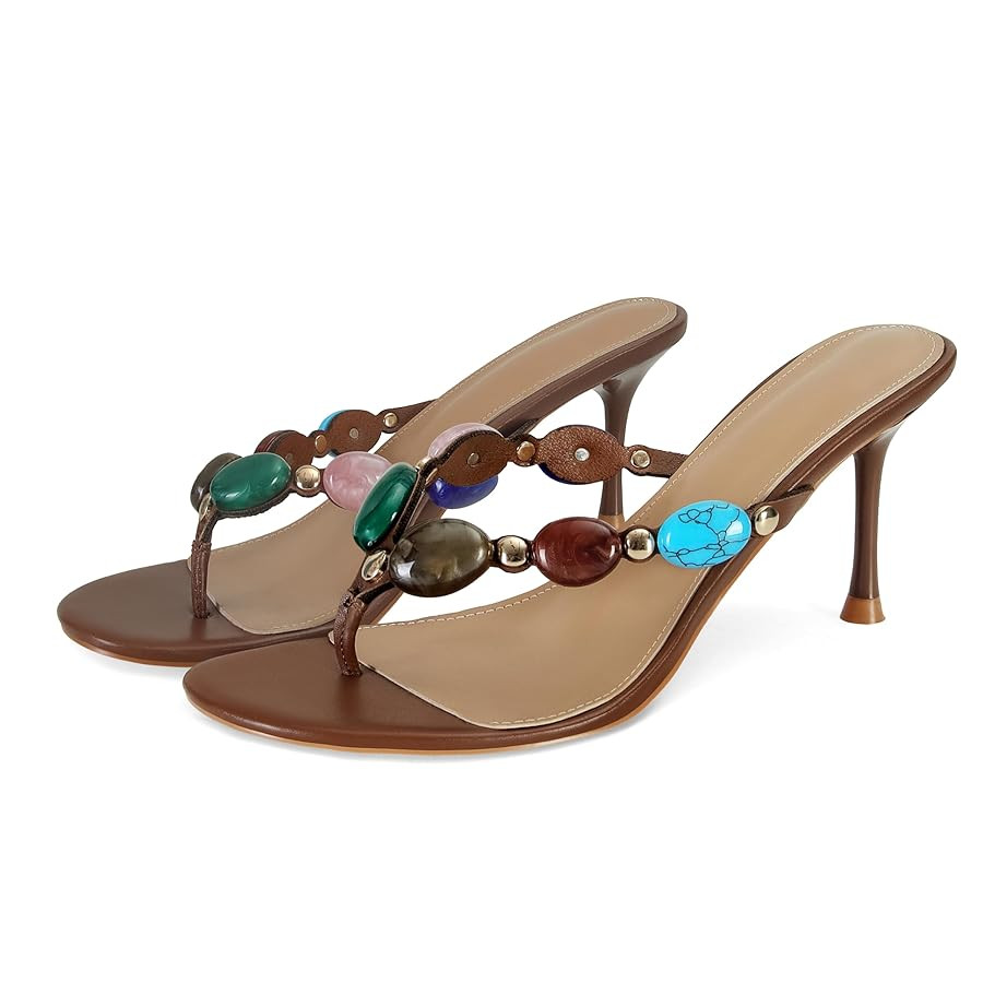 Women's Strappy Heeled Sandals Jewelled Thong Flip-Flop Kitten Heels Slip On Pumps Stiletto Dress... | Amazon (US)