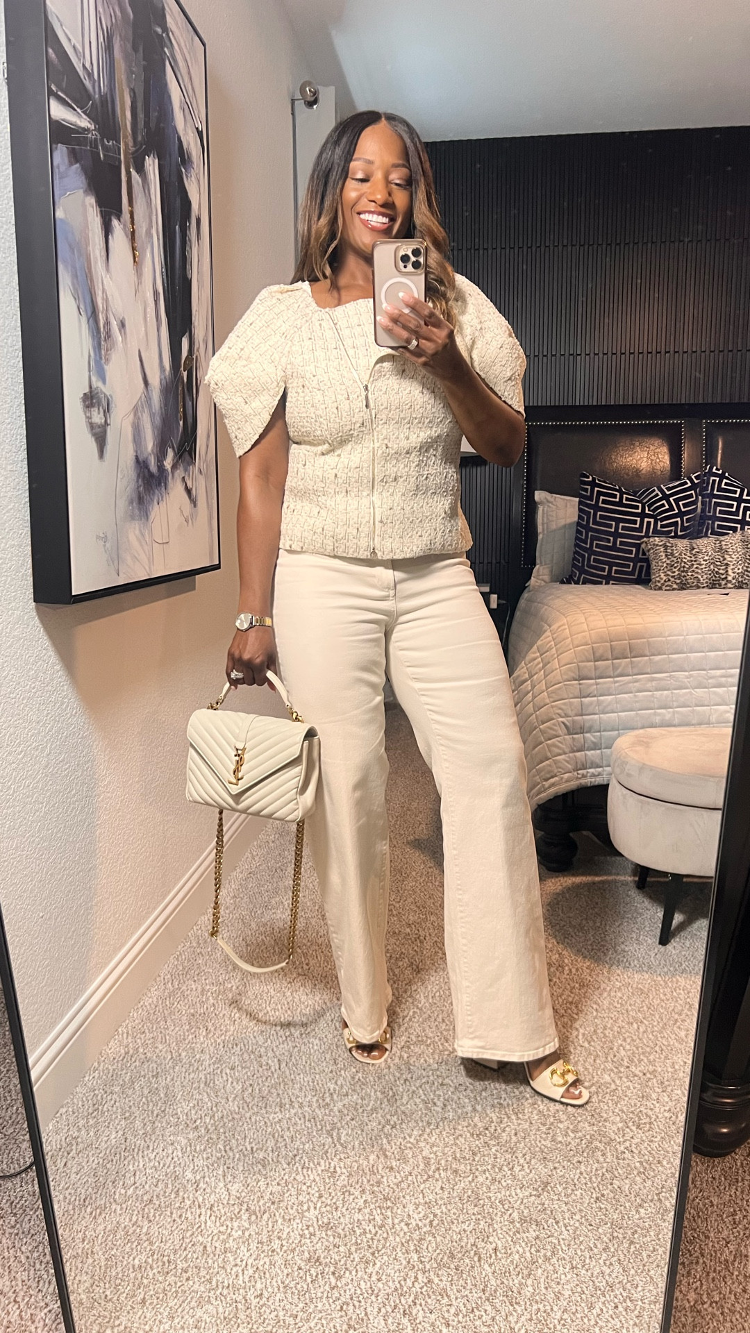 Monochromatic magic in cream tones! Textured details bring depth to this look: off-white jeans paired with Gucci sandals, and my YSL bag tying it all together. 
5’6 | 177 lbs 
Top- size 12
Jeans size 28


#LTKOver40 #LTKootd #LTKWorkwear