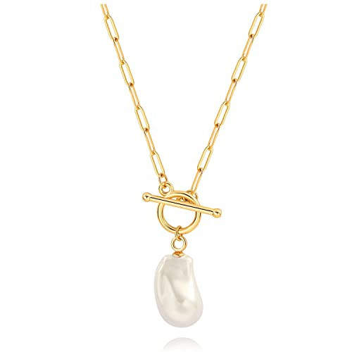 SOFYBJA 18K Gold Plated Paperclip Link Chain Necklace Baroque Pearl Pendant Necklace Dainty Handmade Stacked Jewelry for Women | Amazon (US)