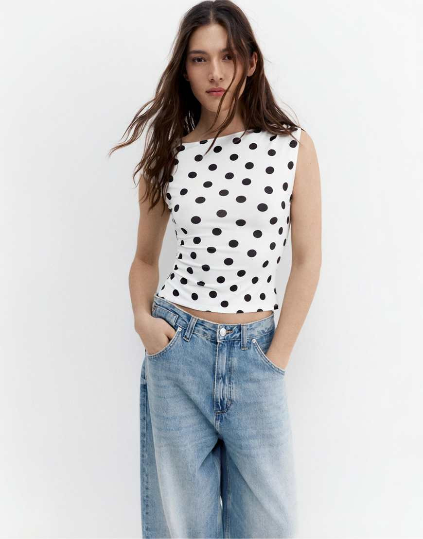 Pull&Bear Gathered polka dot asymmetric top in white and black-Multi | ASOS (Global)