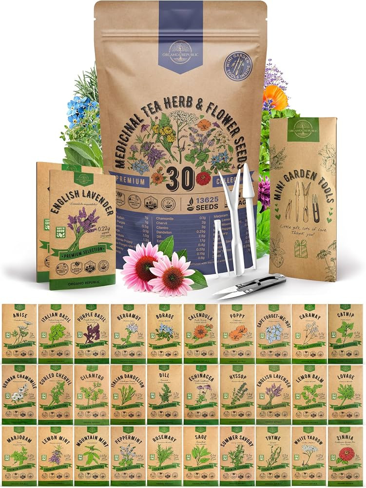 Organo Republic 30 Medicinal Tea Herb & Flower Seeds Variety Pack - 13600+ Non-GMO Heirloom Flowe... | Amazon (US)