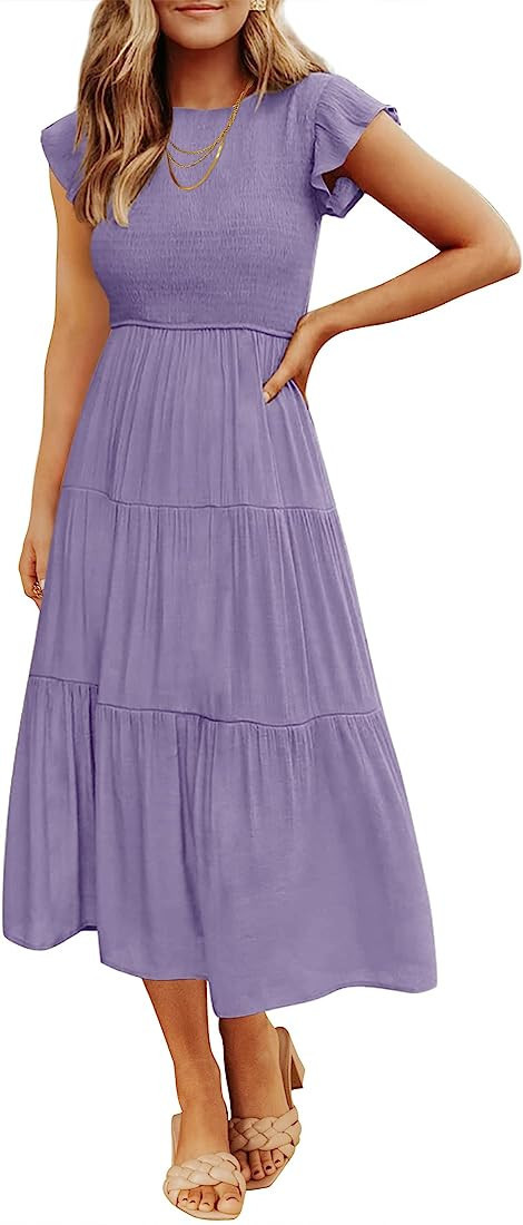 ZESICA Women's Summer Casual Flutter Short Sleeve Crew Neck Smocked Elastic Waist Tiered Midi Dre... | Amazon (US)