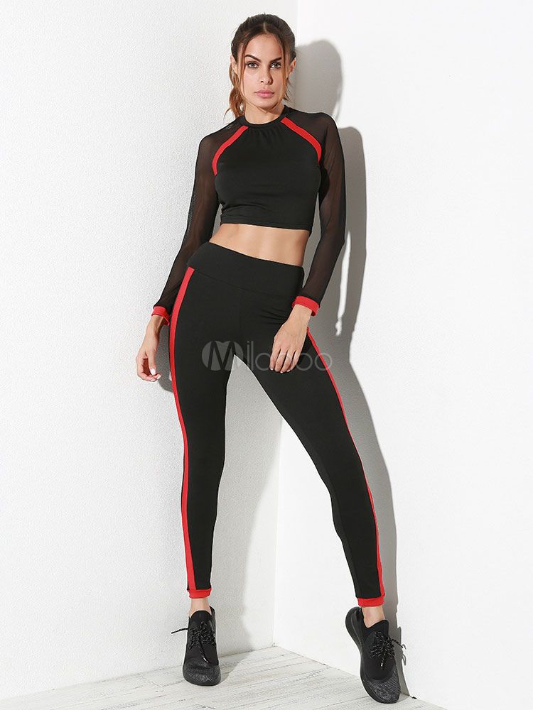 Women Black Tracksuit Set Long Sleeve Red Striped Patchwork Cotton Crop Top With Sports Pants | Milanoo