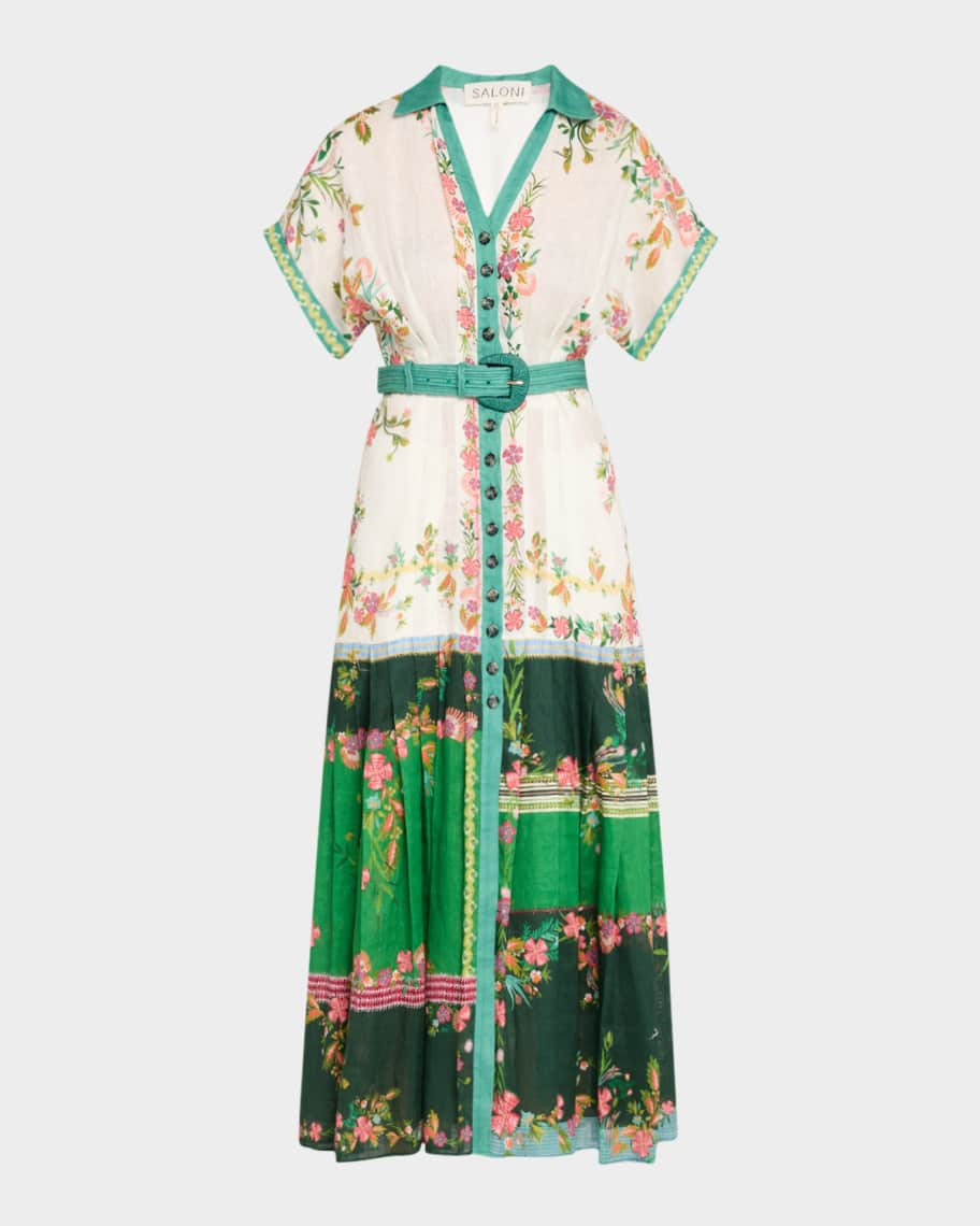 Saloni Riya-B Belted Floral Linen Maxi Shirt Dress | Neiman Marcus
