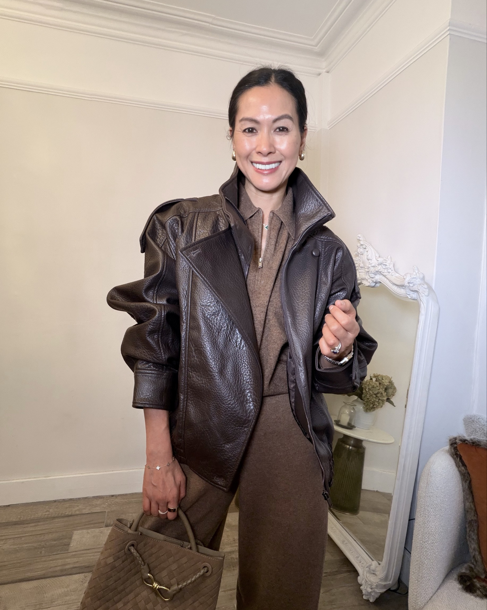 Leather jacket medium
Half zip top size small
Merino wool barrel leg trousers size small 


#LTKstyletip #LTKeurope #LTKuk