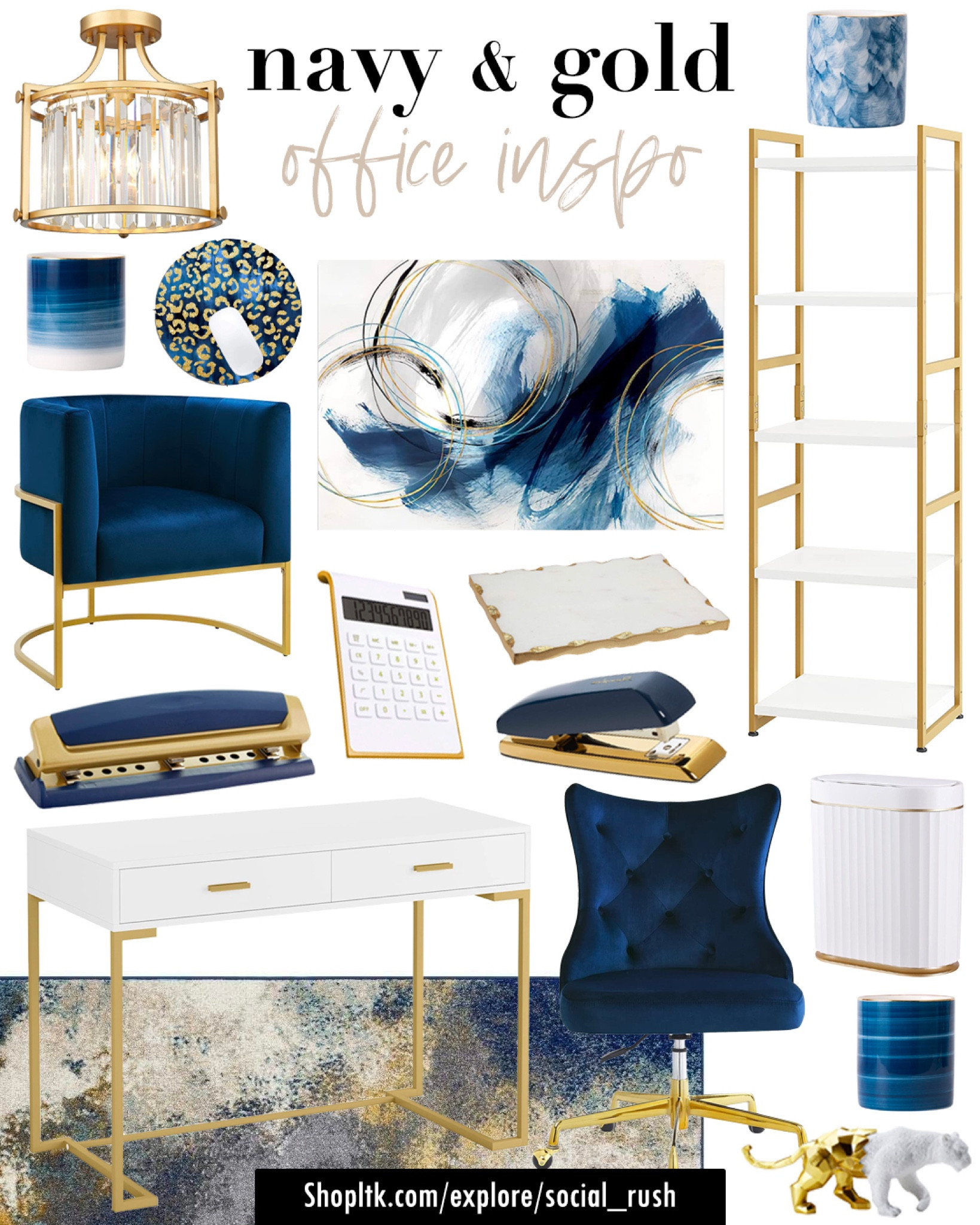 Navy & Gold Office inspo, blue and gold Office idea, modern office, velvet blue furniture, accent chair, white gold desk, white gold bookshelf, white gold decor, navy gold decor, abstract wall art, abstract rug, home office interior design, Home office inspo, home office idea, Amazon Home #amazonhome #officeidea

#LTKhome #LTKworkwear