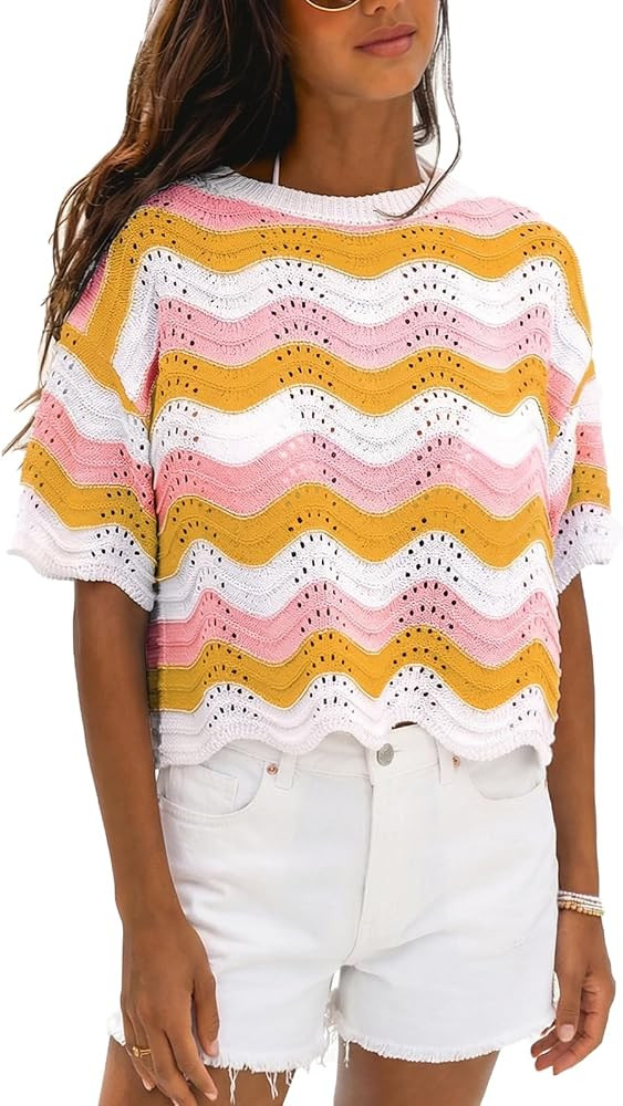 CUPSHE Women's Crochet Cover Up Top Striped Short Sleeve Beach Cover Up Top Summer Casual Tops fo... | Amazon (US)