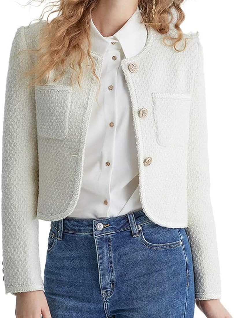 URBAN REVIVO Women's Long Sleeve Cropped Tweed Jacket with Pocket Elegant Slim Fit Work Office Bu... | Amazon (US)