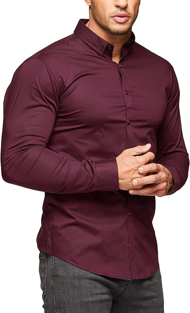 URRU Men's Muscle Dress Shirts Slim Fit Stretch Long Sleeve Casual Button Down Shirts | Amazon (US)