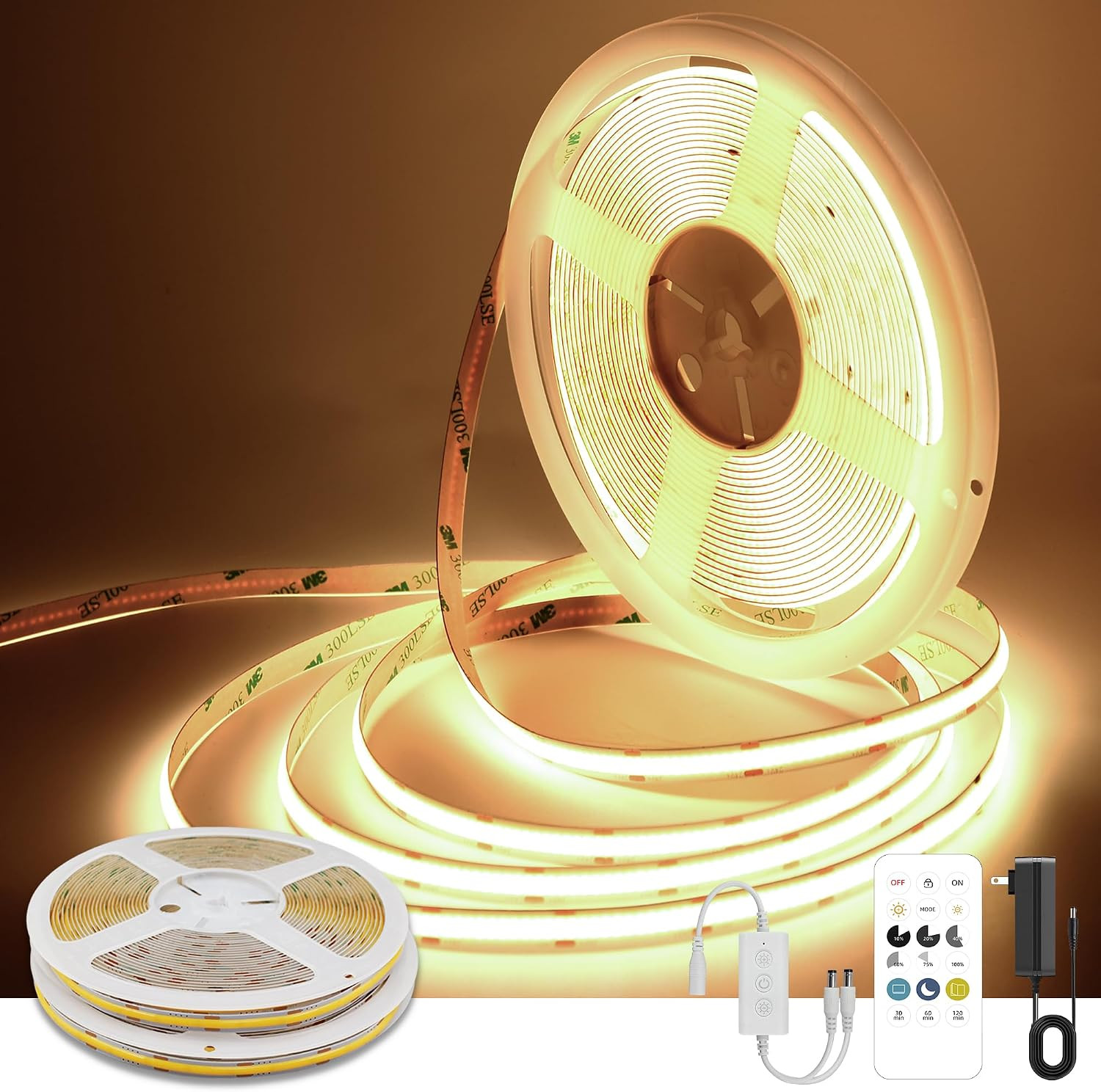 COB LED Strip Lights Warm White,24V Dimmable led Light Strip KIT with Remote and app Control,3000K 65FT/20m 8mm Wide Ra>90 Cuttable Flexible Strip Lights for Bedroom,Shelf,Cabinet | Amazon (US)