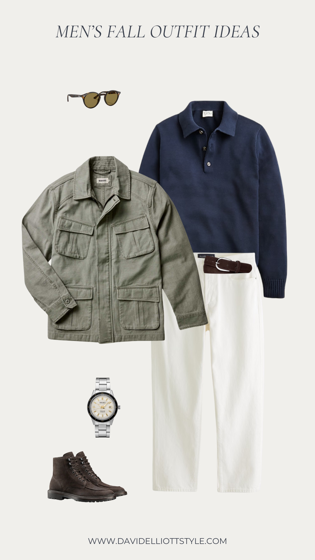 Rugged fall outfit with a navy sweater polo, military inspired jacket and brown suede boots. White jeans give the outfit a refined look.  

 #LTKMens