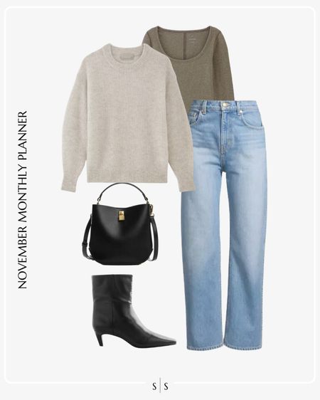 Monthly outfit planner: NOVEMBER Fall and Winter looks | crewneck alpaca sweater, micro ribbed long sleeve tee, high rise wide leg Jean, ankle boot, shopper bag 

See the entire calendar on thesarahstories.com ✨ 

#LTKstyletip