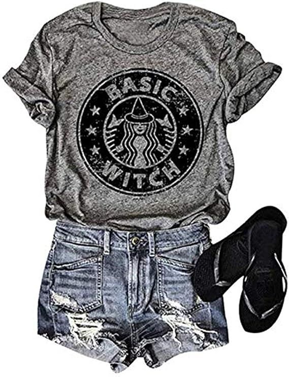 SUNFLYLIG Womens Halloween Basic Witch Letters Print Shirts Halloween Party Tee Shirt Short Sleev... | Amazon (US)