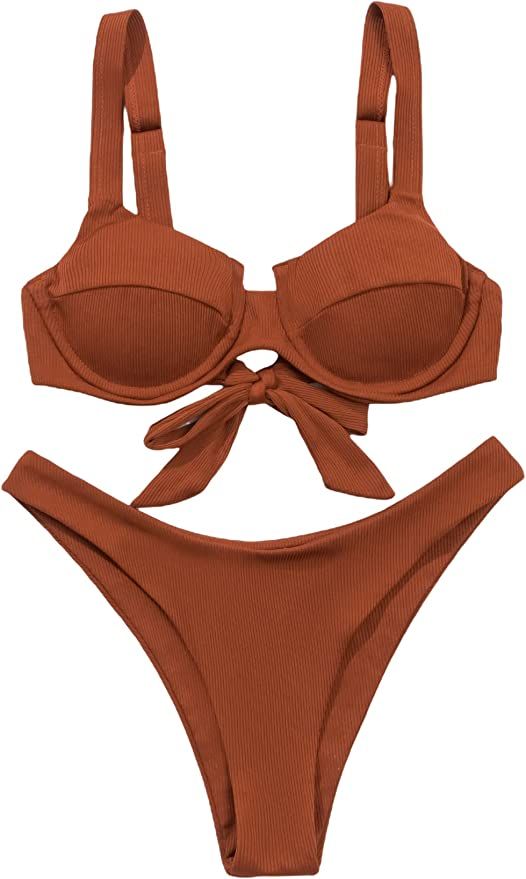 SheIn Women's Two Piece Swimsuit Tie Back Wireless Bikini Set High Cut Rib Bathing Suit | Amazon (US)