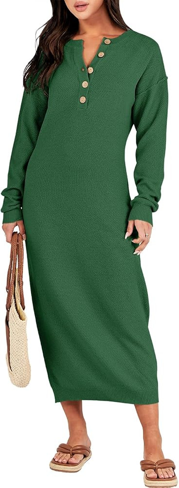 Women Sweater Dress Long Sleeve Button V Neck Oversized Casual Loose Fall Waffle Knit Long Dress | Amazon (US)