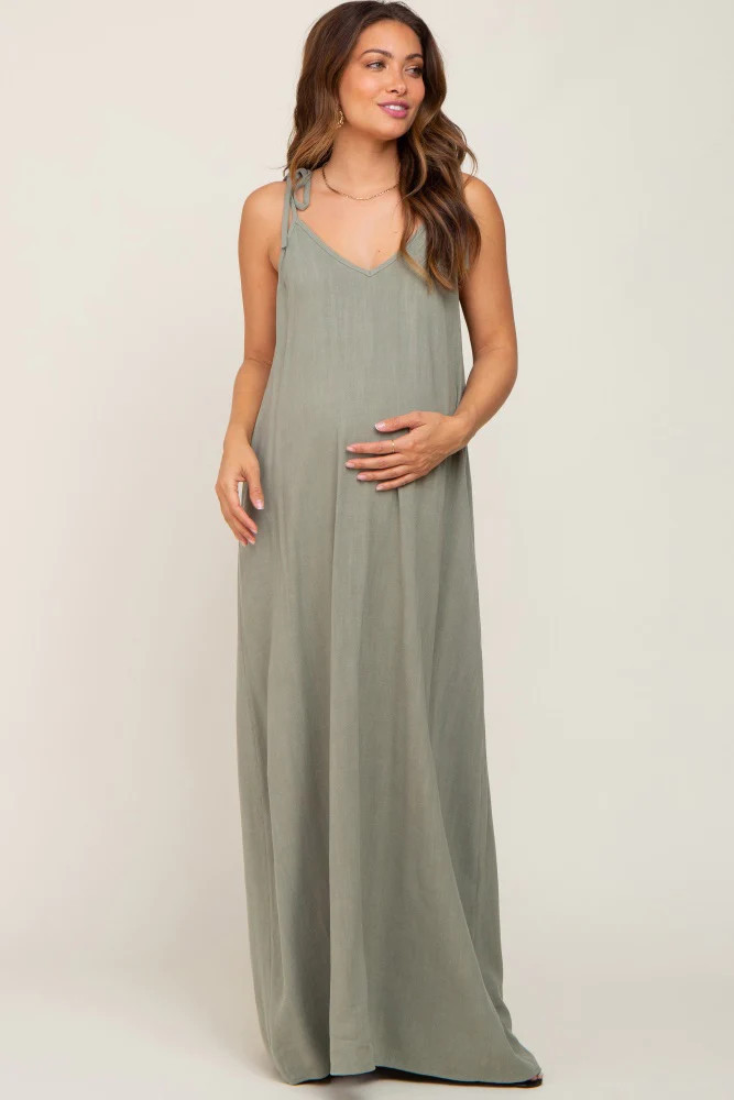 Light Olive Linen V-Neck Tie Strap Maternity Maxi Dress | PinkBlush Maternity
