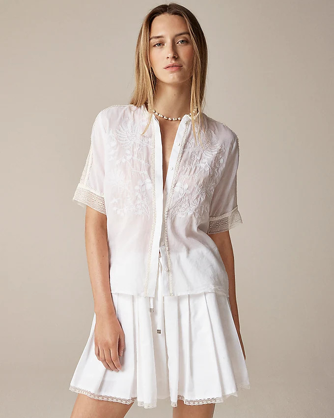 Embroidered lace-trim button-up shirt in cotton voile | J. Crew US