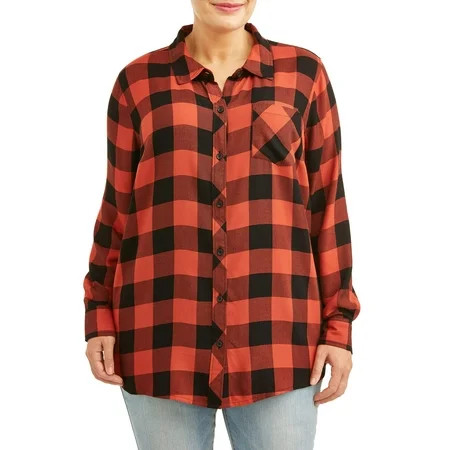 Women's Plus Size One-Pocket Plaid Button Down Shirt | Walmart (US)