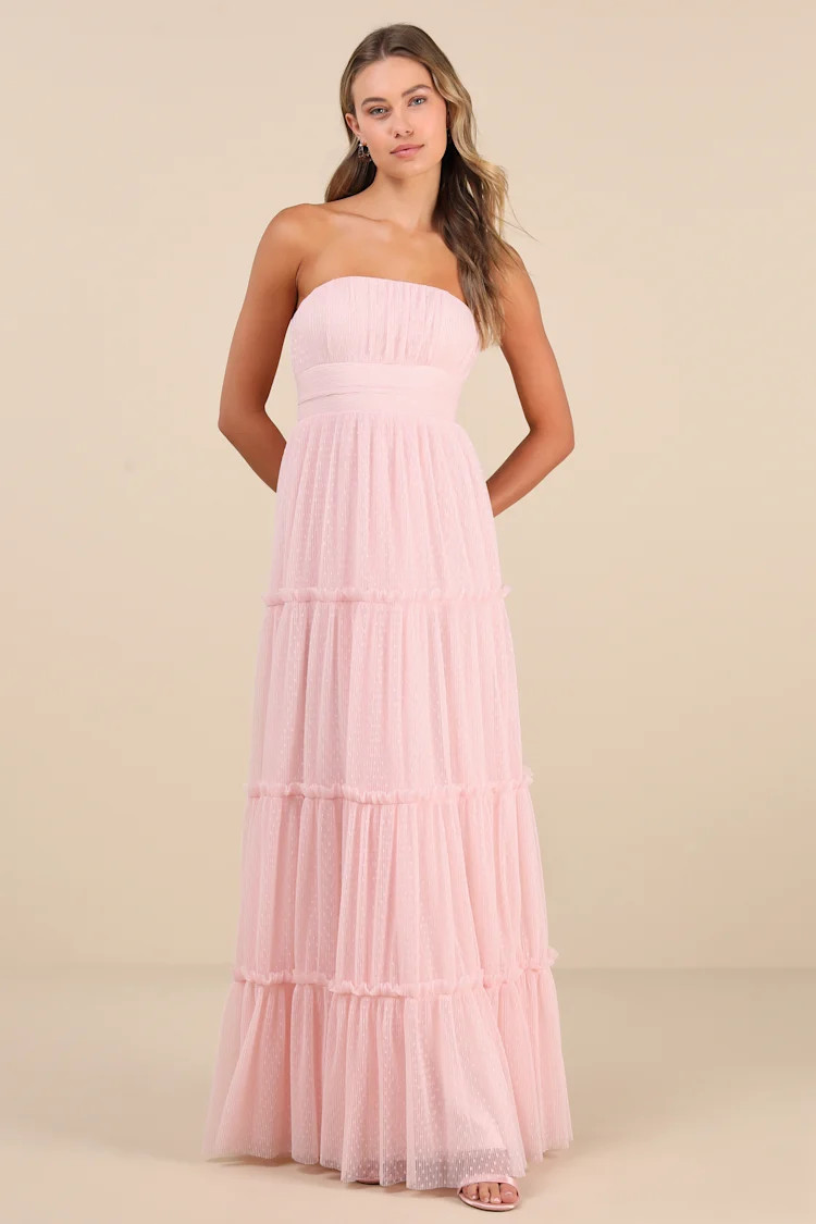 Sweetness Light Pink Mesh Swiss Dot Tiered Maxi Dress | Lulus