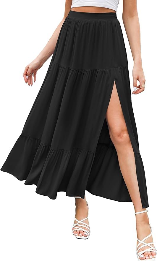 HAEOF Women's 2024 Summer High Waist Flowy Maxi Skirt High Slit A Line Beach Boho Long Skirts wit... | Amazon (US)