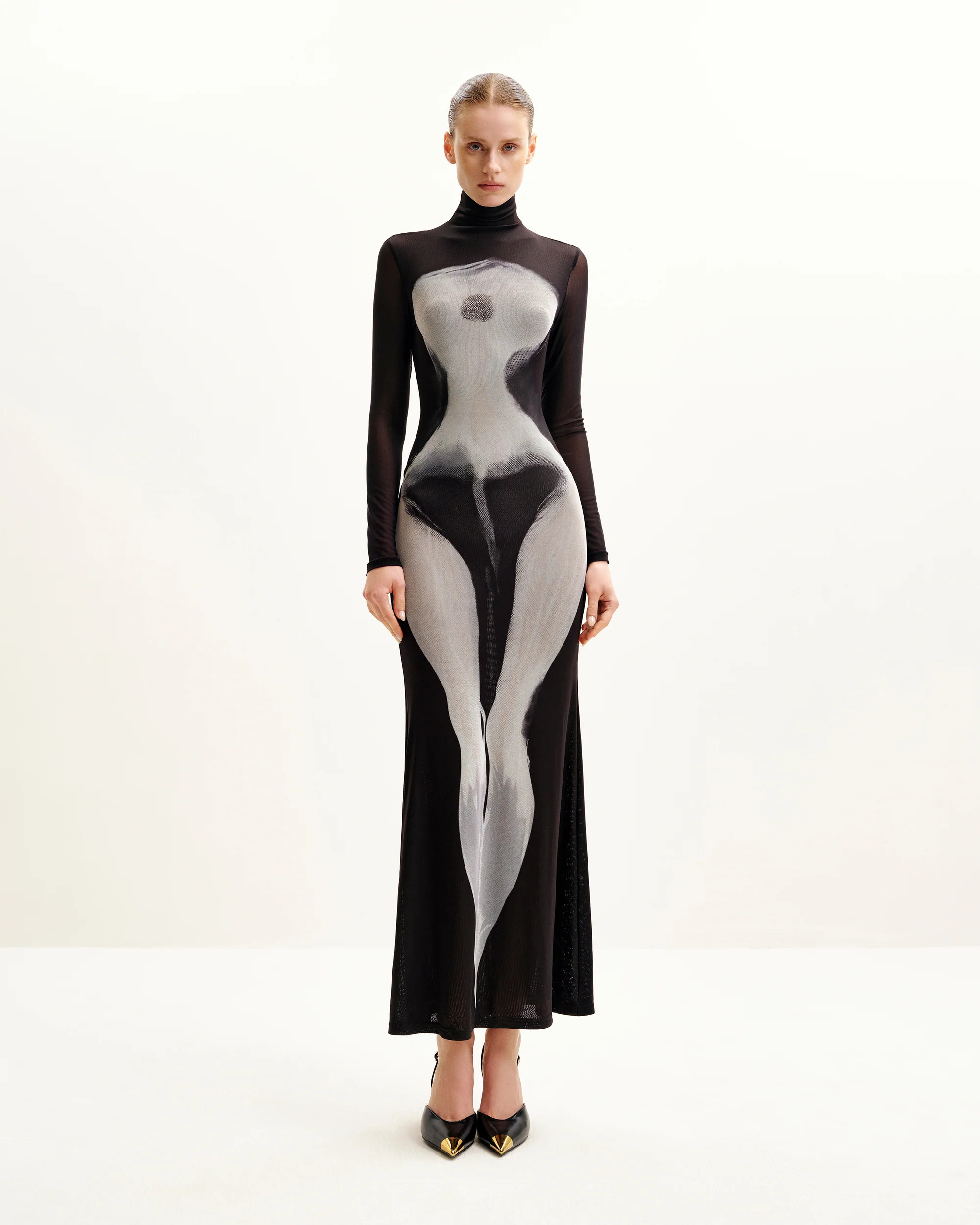 Eva Body Print Mesh Dress - Black and White | JW PEI US
