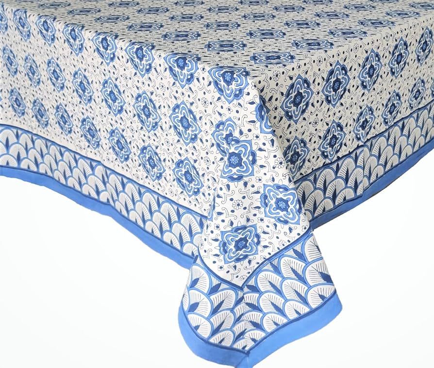ATOSII Morocco Blue 100% Cotton Tablecloth, Handblock Print Rectangle Table Cover for Kitchen Din... | Amazon (US)