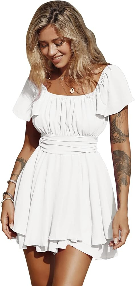 EXLURA Women's 2026 Summer Ruffle Short Sleeve Tie Back Romper Dress Square Neck A Line Cute Dressy Short Jumpsuits | Amazon (US)