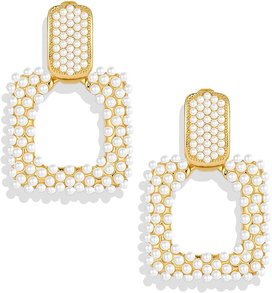 Women's Chic Pearl Earrings Geometric Pearl Drop Earrings Pearl Dangle Earrings Jewelry Gifts | Amazon (US)