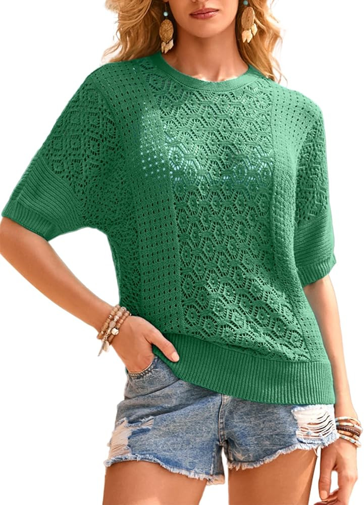 EVALESS Women's Crochet Tops Short Sleeve Hollow Out Knit Sweater Spring Summer Trendy Lightweigh... | Amazon (US)