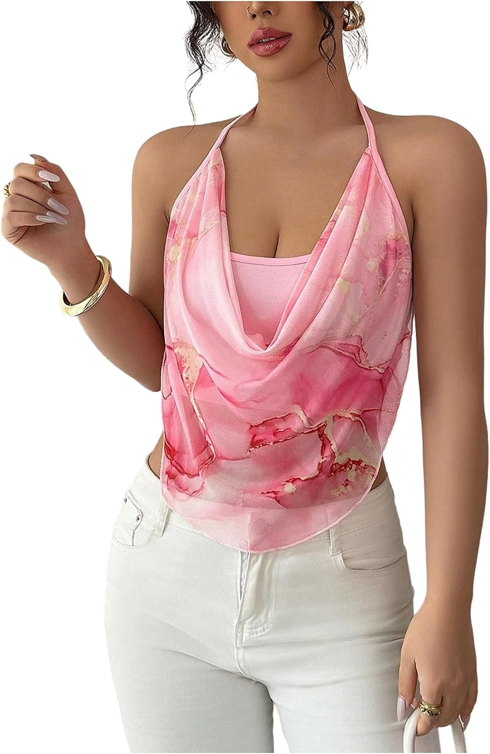 Floerns Women's Tie Dye Draped Halter Top Y2k Sleeveless Asymmetrical Hem Going Out Cami Tops | Amazon (US)