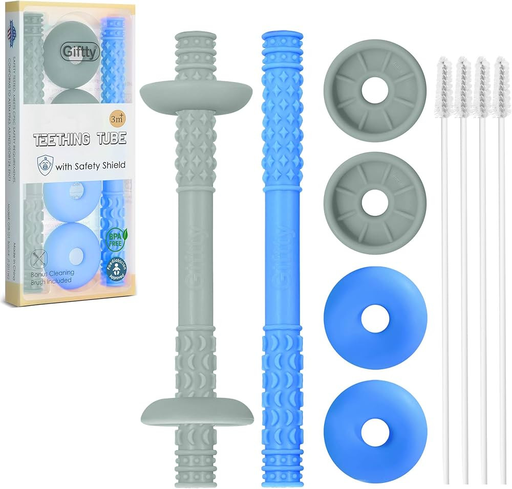Giftty Teething Tube with Safety Shield Baby Hollow Teether Sensory Toys Gum Massager, Food-Grade... | Amazon (US)