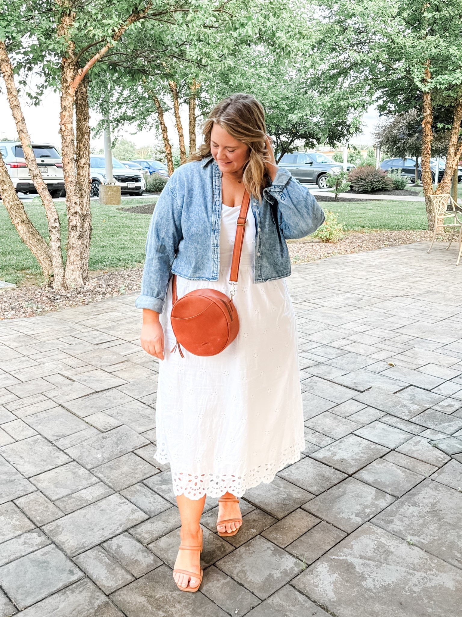 Summer date night look! Love this pretty white eyelet dress (wearing a large).  My cropped denim shirt is older so I linked similar ones.  

The top was tight enough that I just wore my grippy Cakes and no bra.  I wear the DDD+ size 

#LTKStyleTip #LTKMidsize #LTKSeasonal