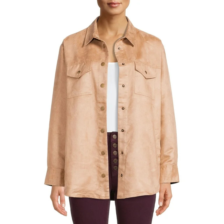 Time and Tru Women's Faux Suede with Snaps Shacket | Walmart (US)