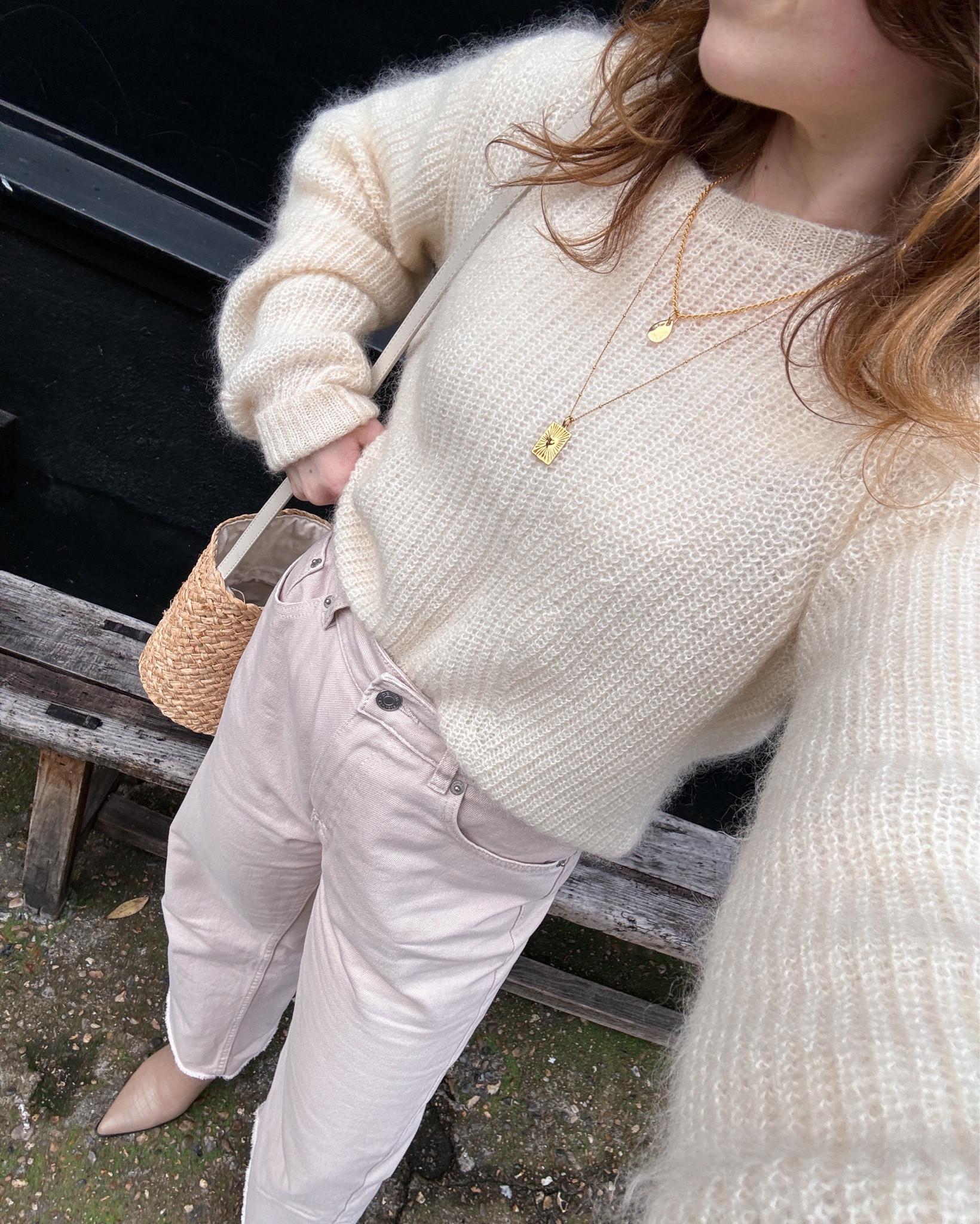 Cream on beige 🤍 Mohair knit, high waist jeans, straw bucket bag and pointed low block boots 

#LTKeurope