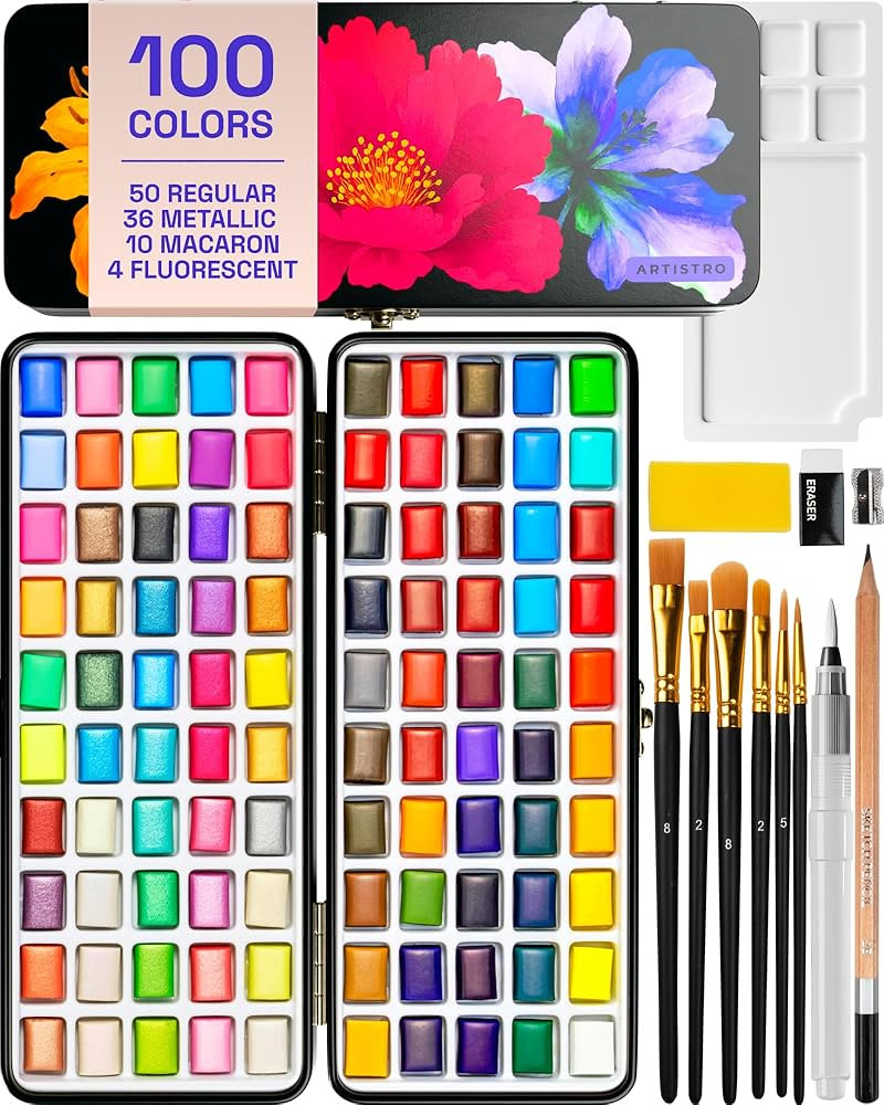 ARTISTRO 100 Colors Watercolor Paint Set - Portable Paint Set with Palette and Brush Pens - Trave... | Amazon (US)