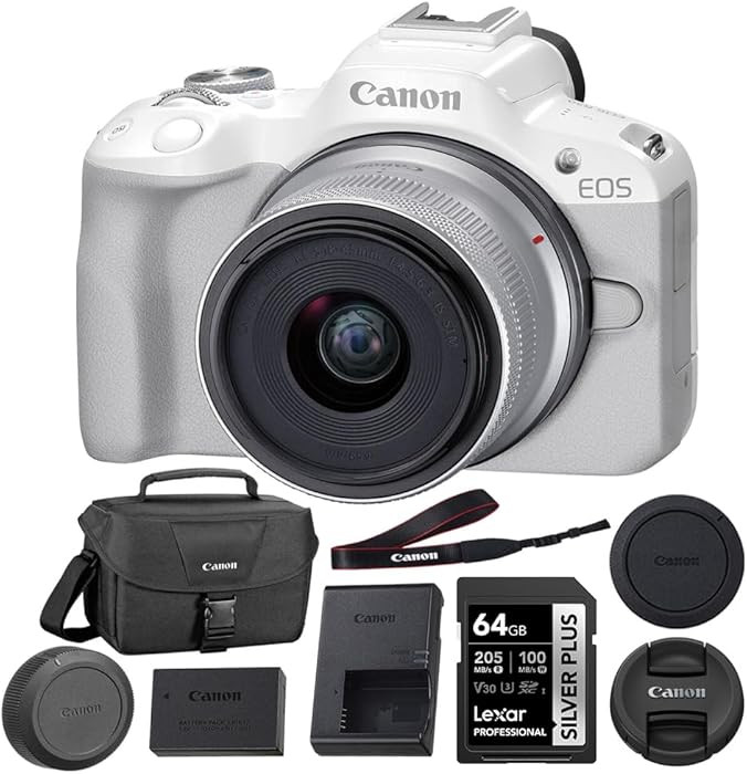 Canon EOS R50 Mirrorless Camera with 18-45mm Lens (White) Bundle with 64GB Memory Card + Canon 20... | Amazon (US)