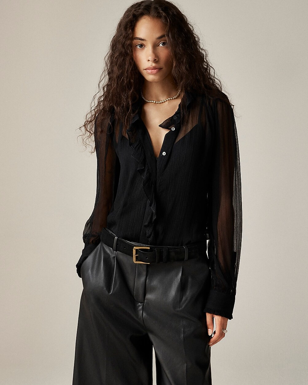 Ruffle button-up shirt in crinkle chiffon | J. Crew US
