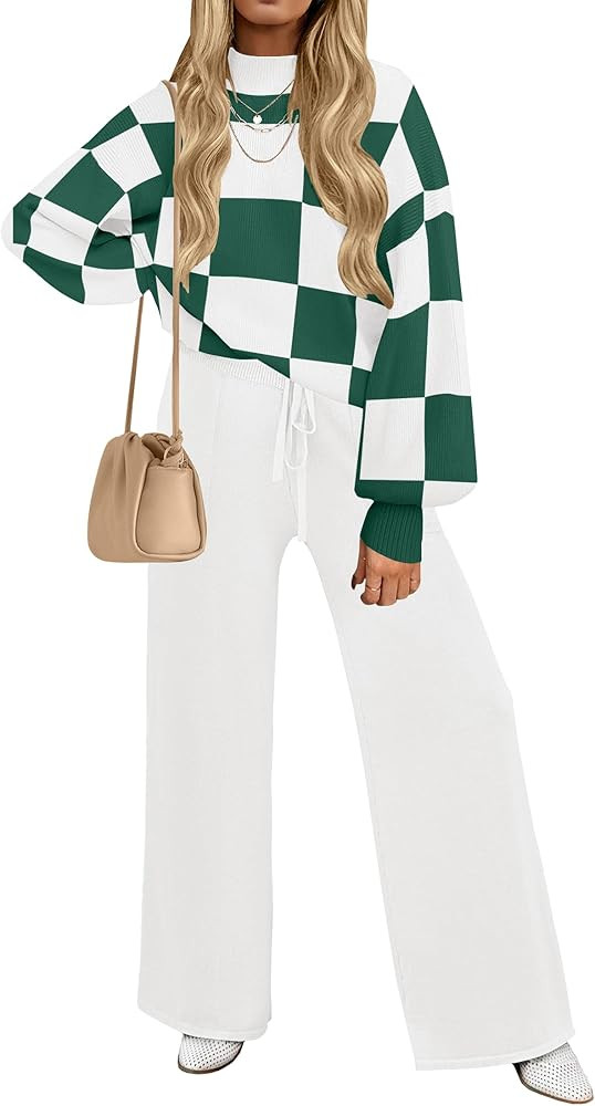 ZESICA Women's 2 Piece Outfits Sweater Set Long Sleeve Mock Neck Knit Pullover and Wide Leg Pants... | Amazon (US)