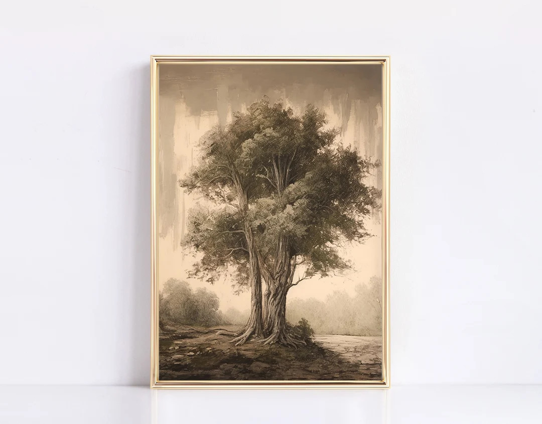 Storybook Tree Print Water Edge Tree Neutral Vintage Digital Print Landscape Painting Modern Vint... | Etsy (US)