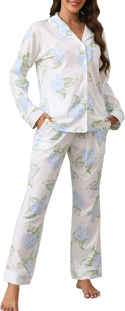 LUBOT 100% Cotton Pajamas for Women PJ Set Soft Button-Down 2 Piece Set Knitted Long Sleeve Sleep... | Amazon (US)