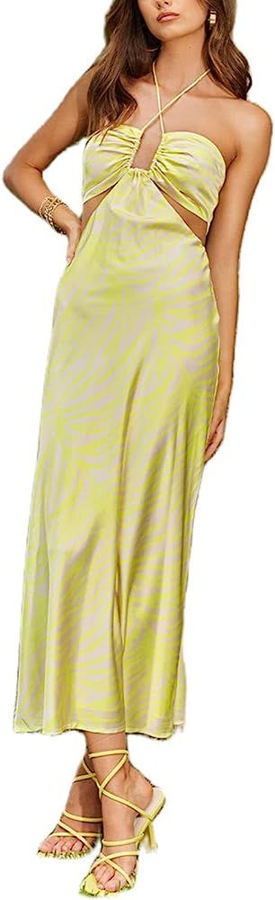 Women Sleeveless Maxi Dress Backless Bodycon Floral Printed Spaghetti Strap Long Dress Hollow Out... | Amazon (US)