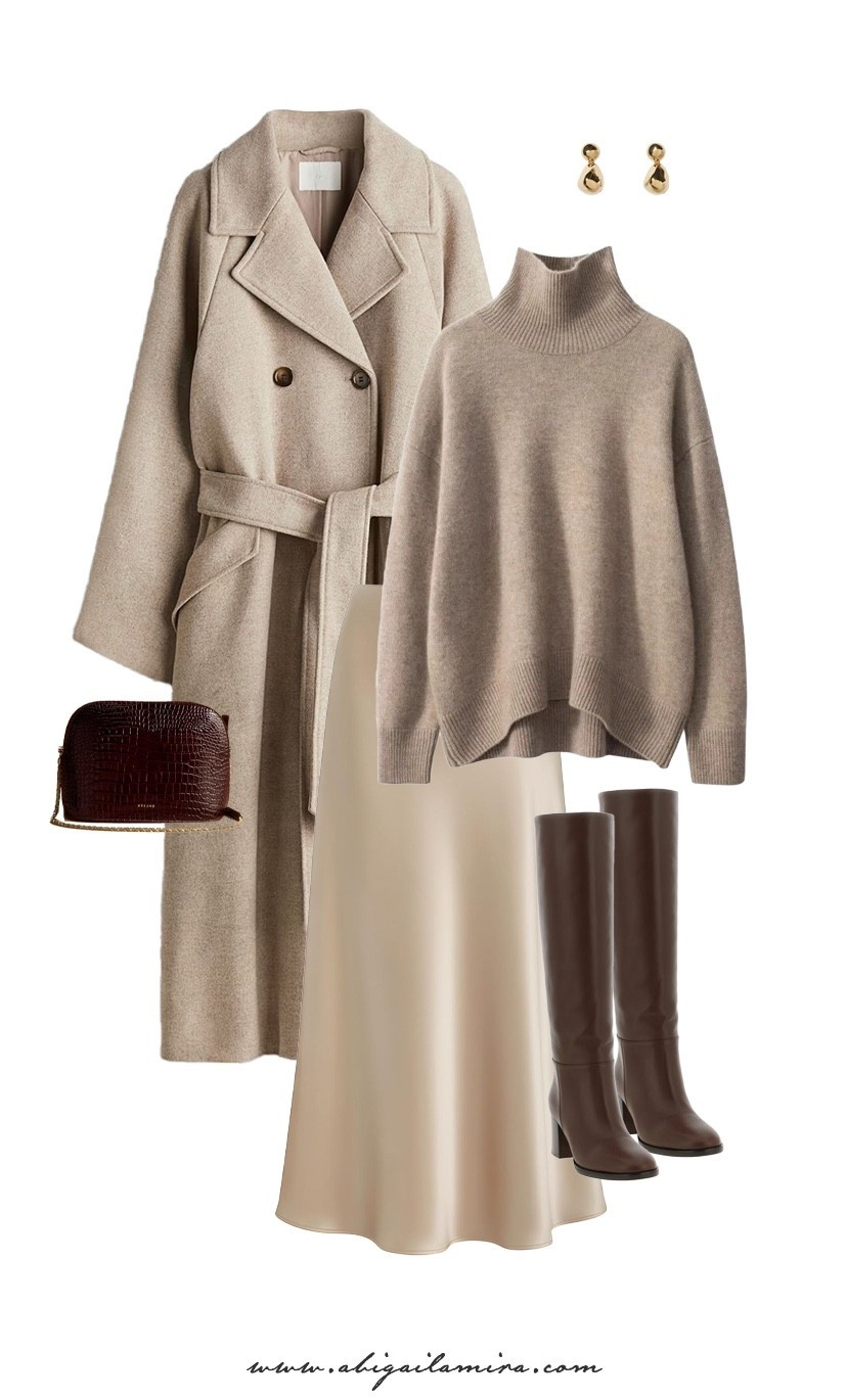 WHAT I'M WEARING WEDNESDAY 01/14/2026
This look embodies soft neutrals and timeless silhouettes, creating an effortless outfit. The cozy turtleneck layered under a tailored wool coat feels warm yet refined, while the satin midi skirt adds beautiful movement and contrast. Finished with sleek knee-high boots and minimal gold accessories, this OOTD is polished, feminine, and perfect for days when you want to feel elevated without trying too hard. See the full post at abigailamira.com


#LTKgrwm #LTKdayinmylife #LTKootd