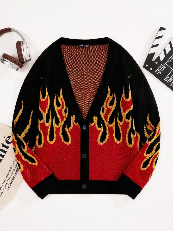 SHEIN Coolane Women's Drop Shoulder Fire Pattern Long Sleeve Open Front Cardigan | SHEIN