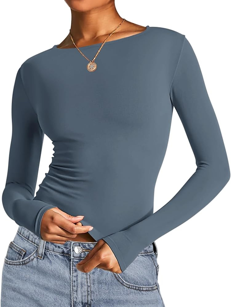 AKEWEI Long Sleeve Crop Tops for Women 2 Pack Fall Going Out Outfits Cute Tight Basic Tees Shirt | Amazon (US)