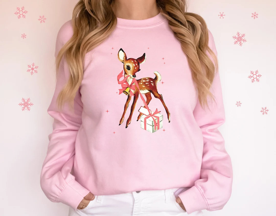 Retro Reindeer Pink Christmas Sweatshirt Gift for Her Vintage Reindeer Christmas Sweater Baby Dee... | Etsy (US)