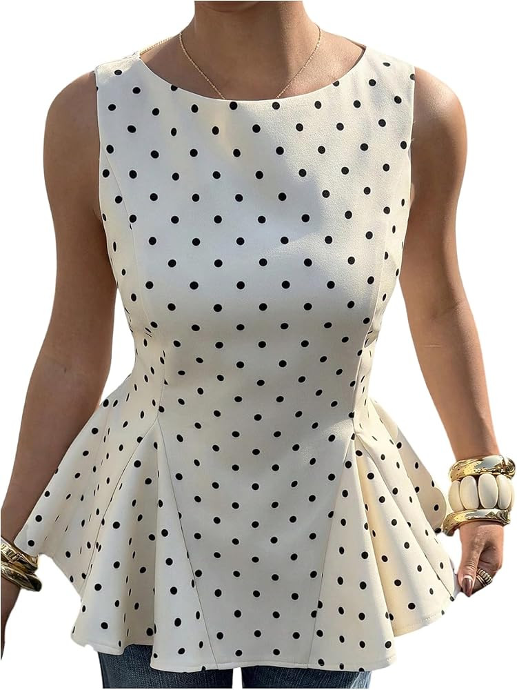 OYOANGLE Women's Polka Dots Sleeveless Blouses Boat Neck Ruffle Peplum Cinched Waist Tops Elegant... | Amazon (US)