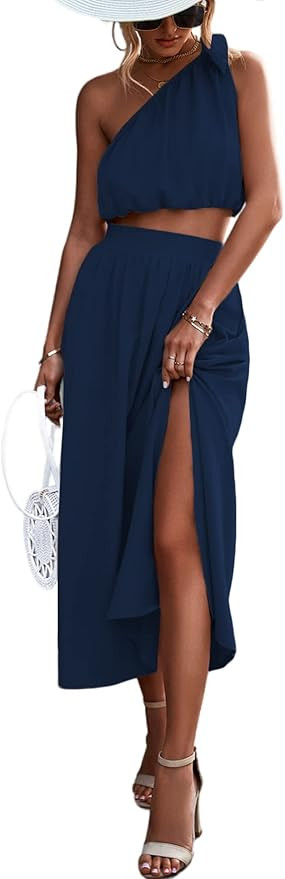 Umenlele Women's 2 Piece Outfits Tie Knot One Shoulder Tank Top High Waist Side Split Maxi Skirt | Amazon (US)